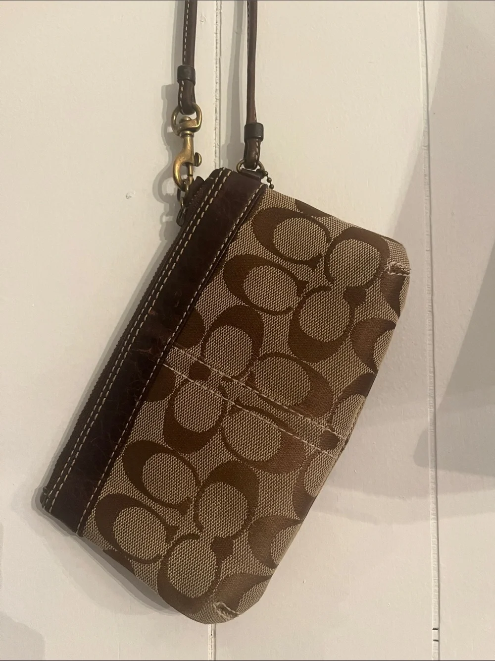 Coach Brown Signature Canvas Wristlet with Dark Brown Leather Trim